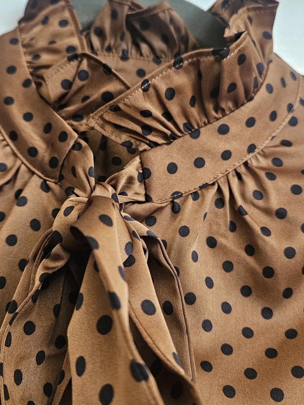 Brown Polka Dot Bow-Neck Blouse - Women SIZE S - Picture 2 of 10